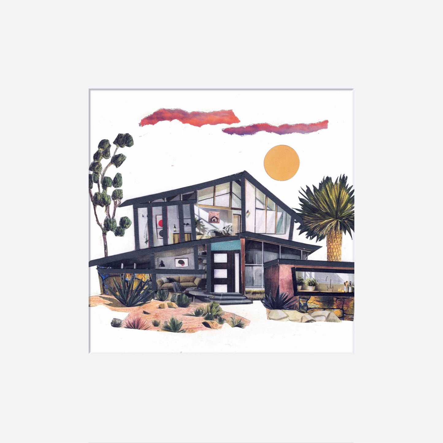 Modern house in a desert landscape with cacti and a sunset.