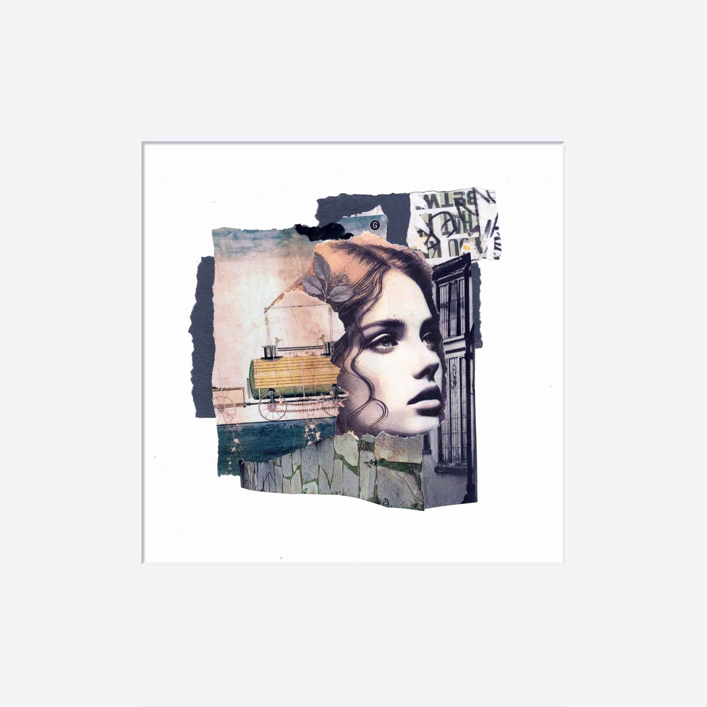 Collage art with a stylized face and various elements on a white background