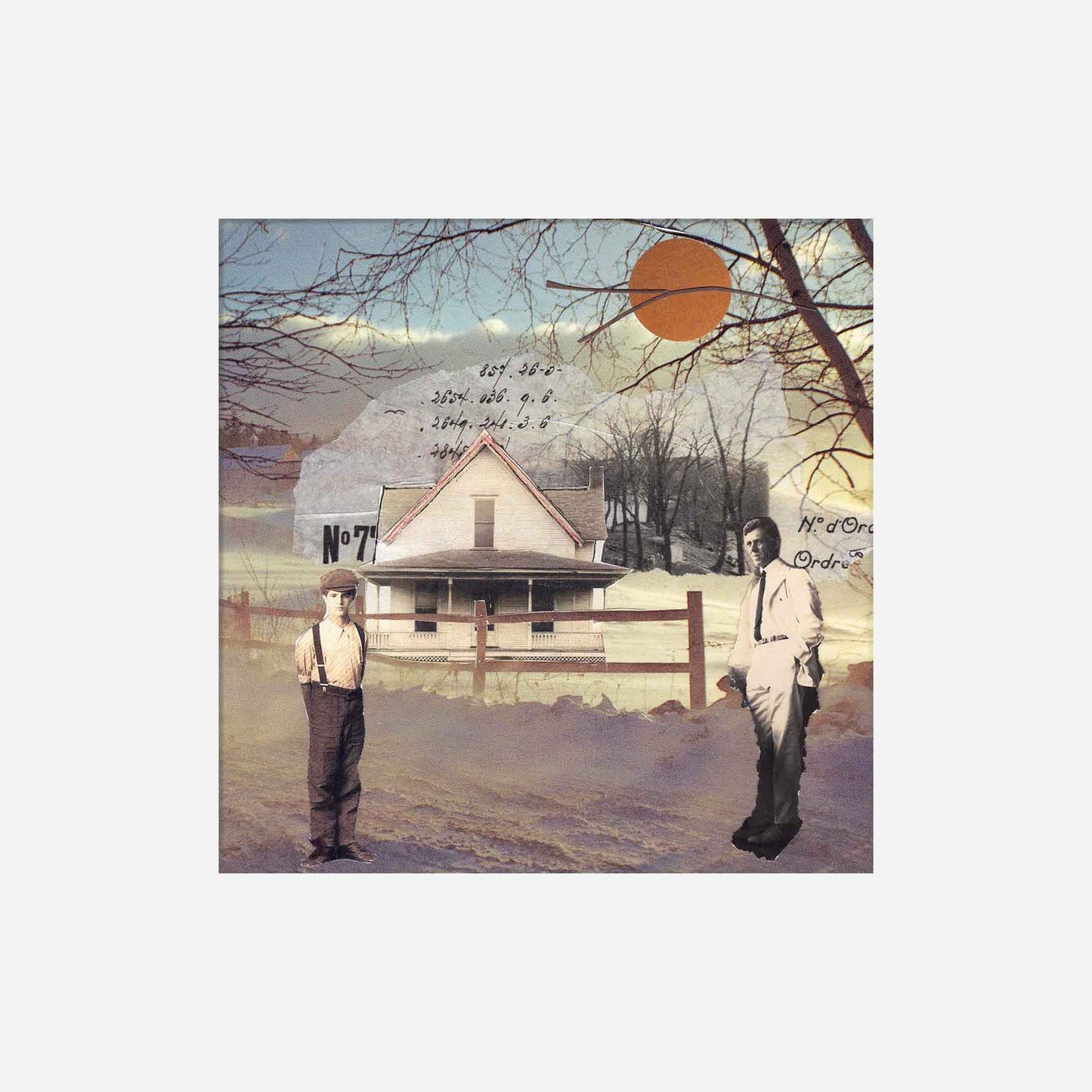 Collage of two people standing in a field with a house and sunset in the background