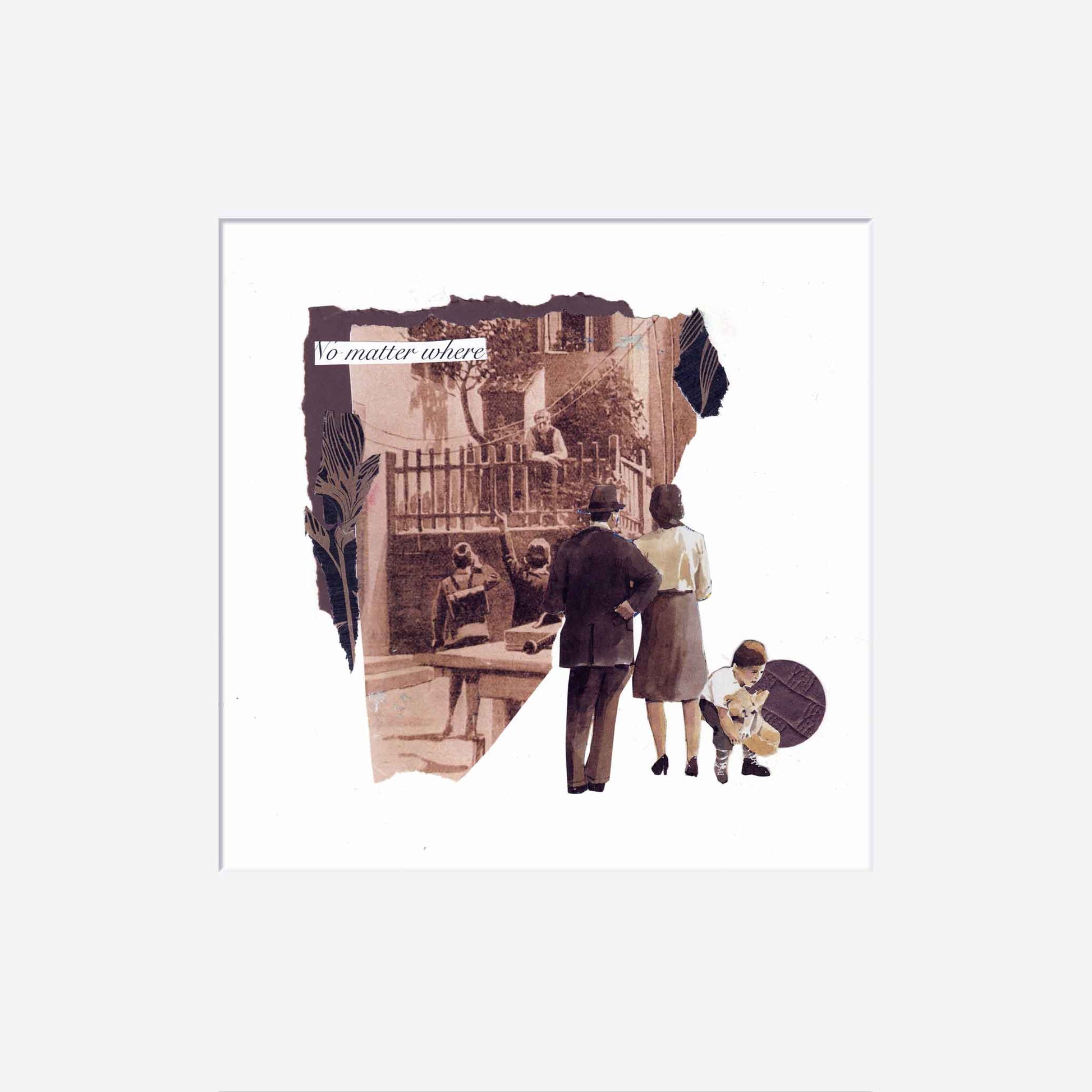 Collage of vintage-style images with people and text on a white background