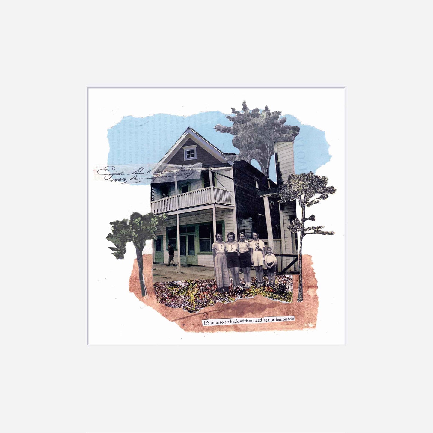 Collage of a house with people in front, set against a white background