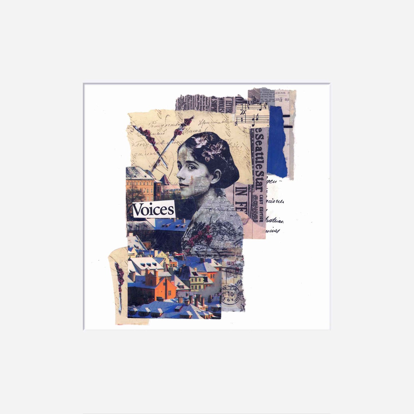 Collage art with a woman's face and text on a white background