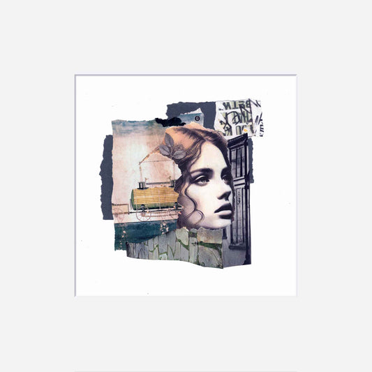 Collage art with a stylized face and various elements on a white background
