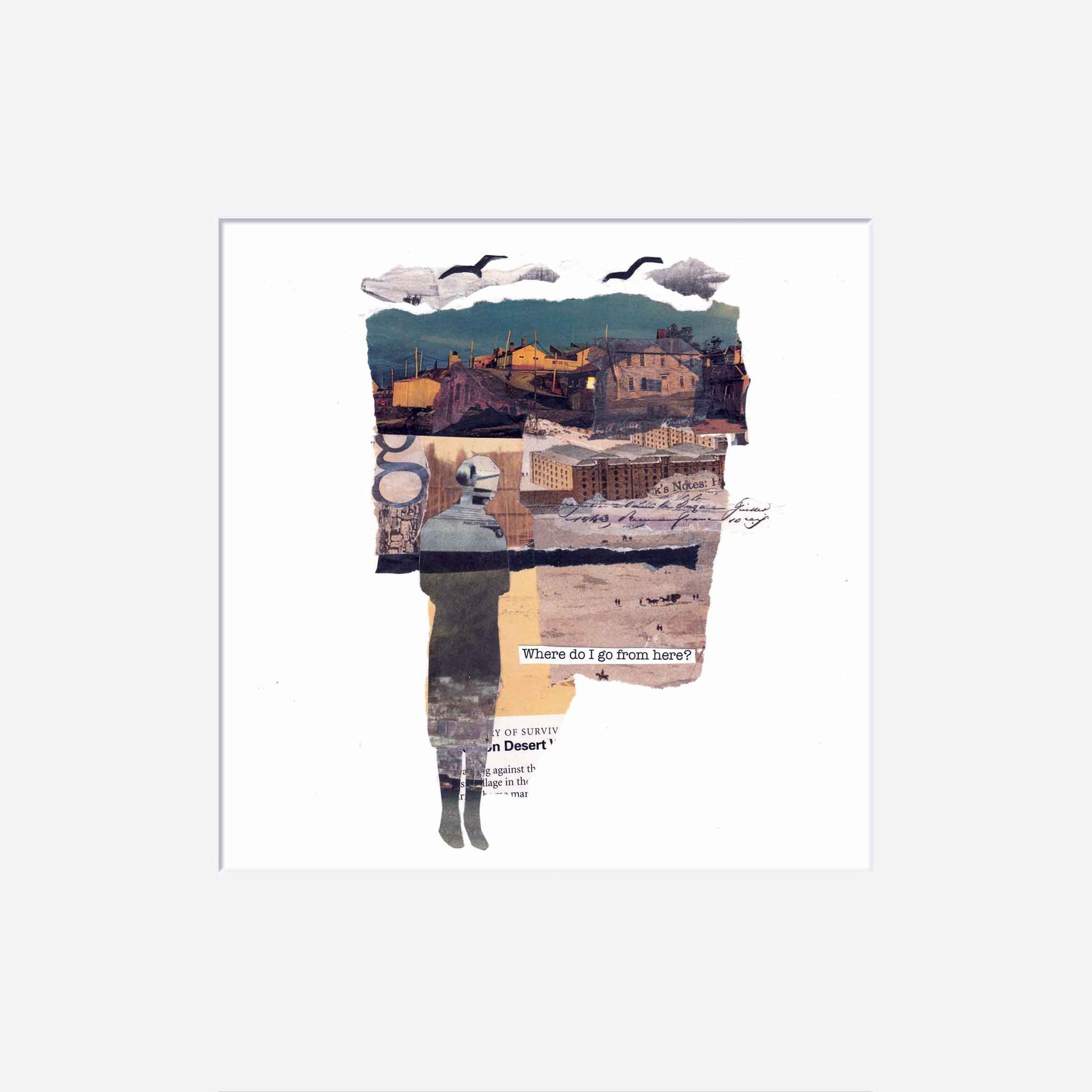 Collage art with a person silhouette and landscape elements on a white background
