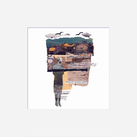 Collage art with a person silhouette and landscape elements on a white background
