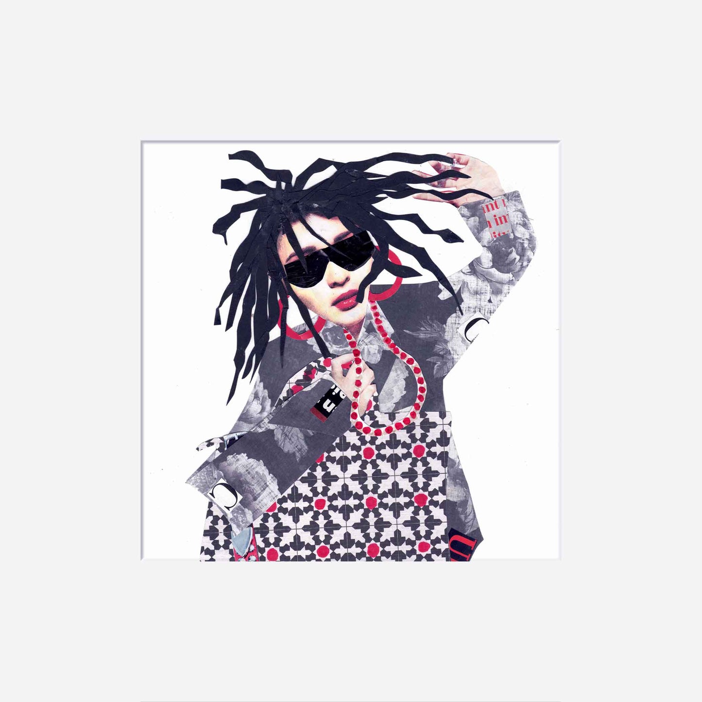 Artistic collage of a woman with stylized hair and sunglasses on a white background