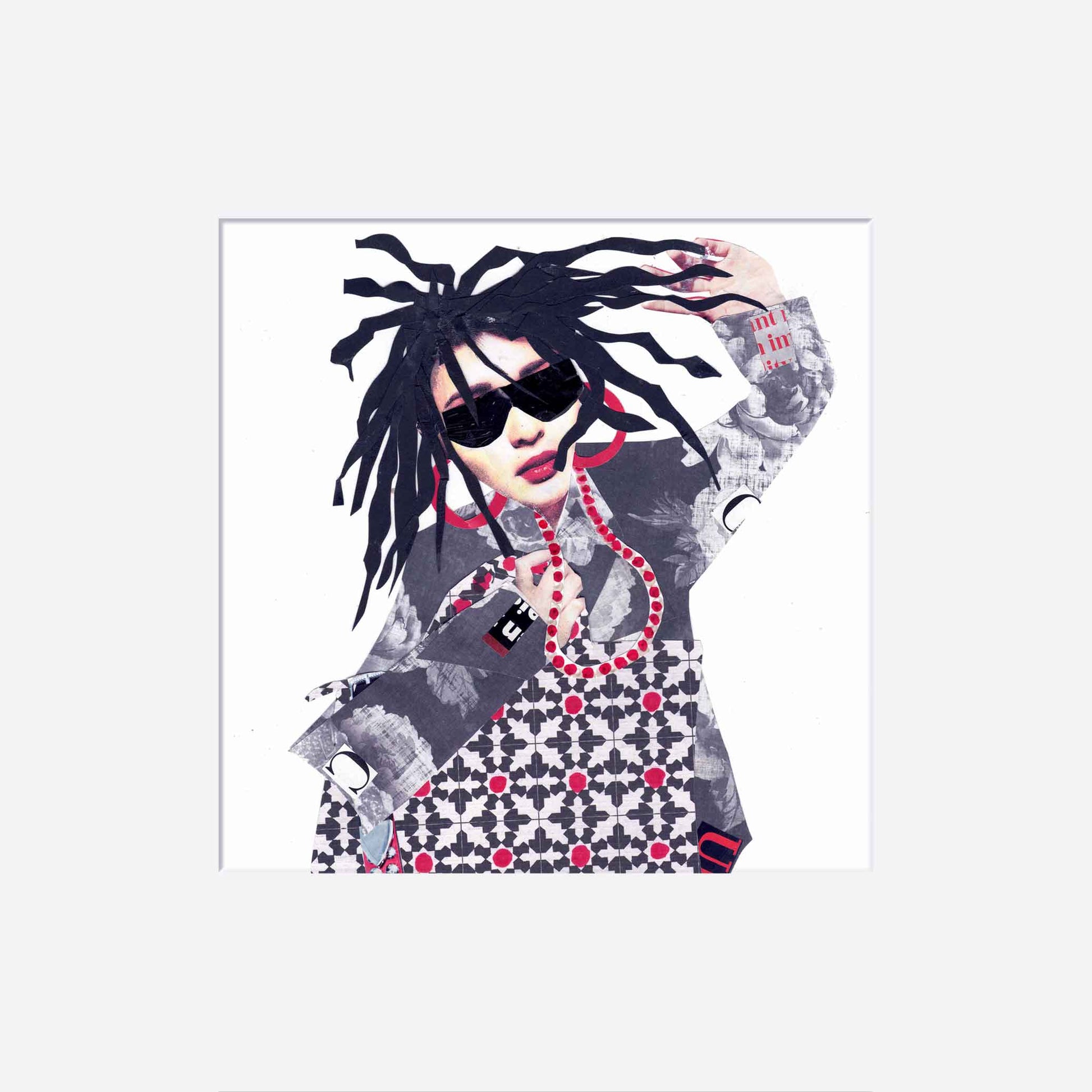 Artistic collage of a woman with stylized hair and sunglasses on a white background