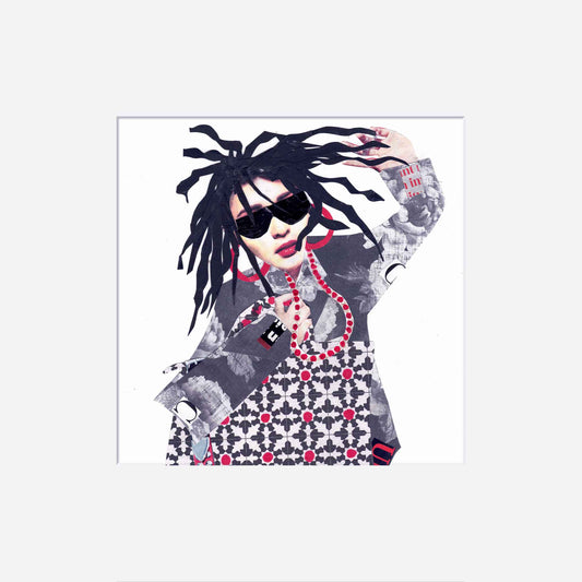 Artistic collage of a woman with stylized hair and sunglasses on a white background